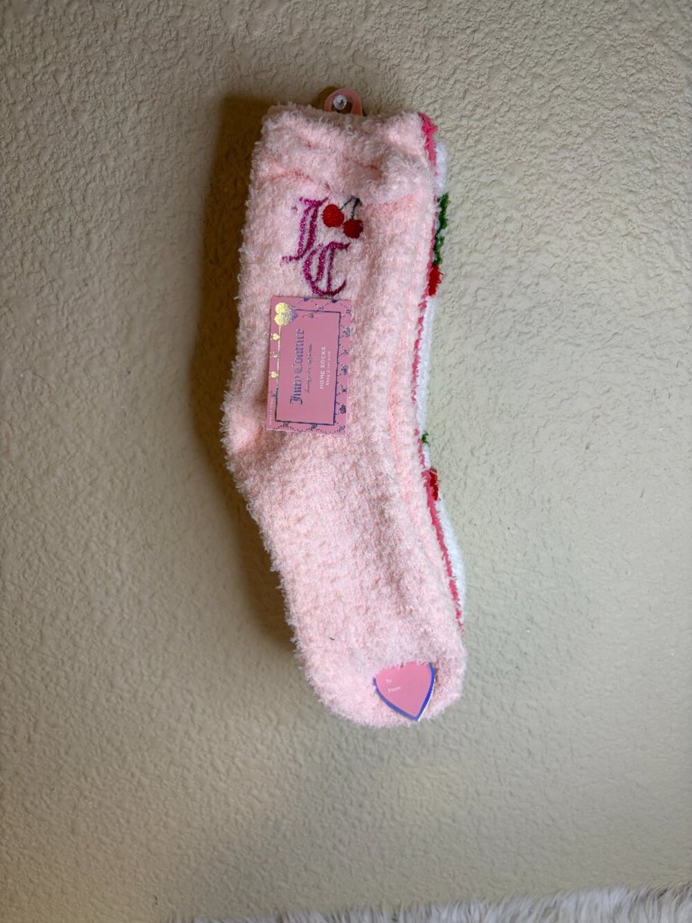 Juicy Couture Fuzzy Cozy Socks 3 Pack Pink Cherry Logo Shoe 4-10 NWT